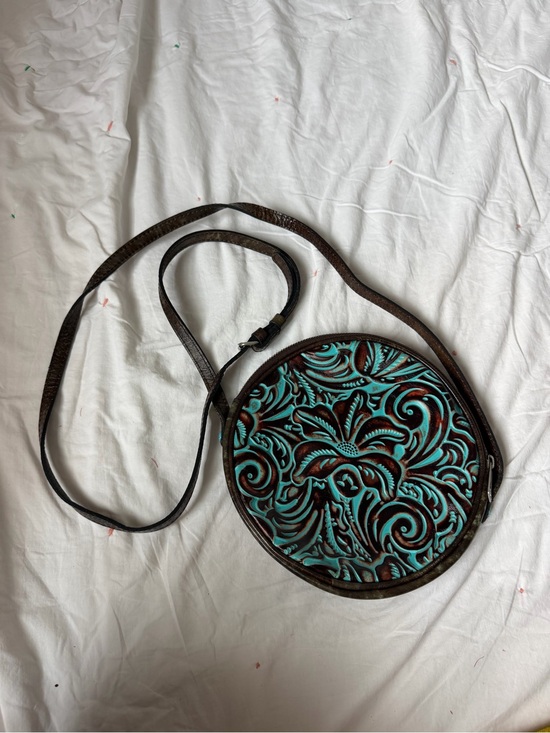 Patricia Nash Handbags - Patricia Nash Turquoise Tooled Round Crossbody with Brown Trim